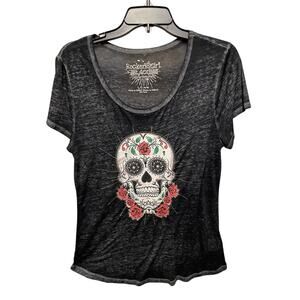 Rocker Girl All Access T-shirt Day Of The Dead Sugar Skull Flowers Sz L/G 11/12